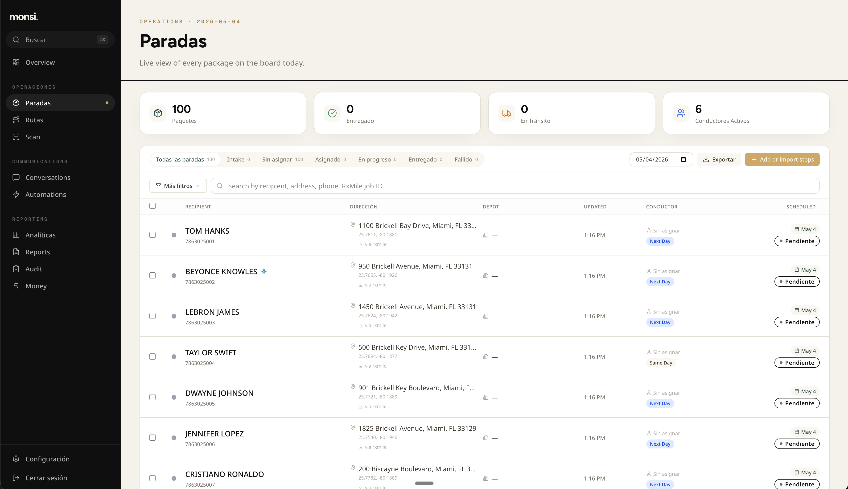 Monsi dispatch board with optimized routes and live stops