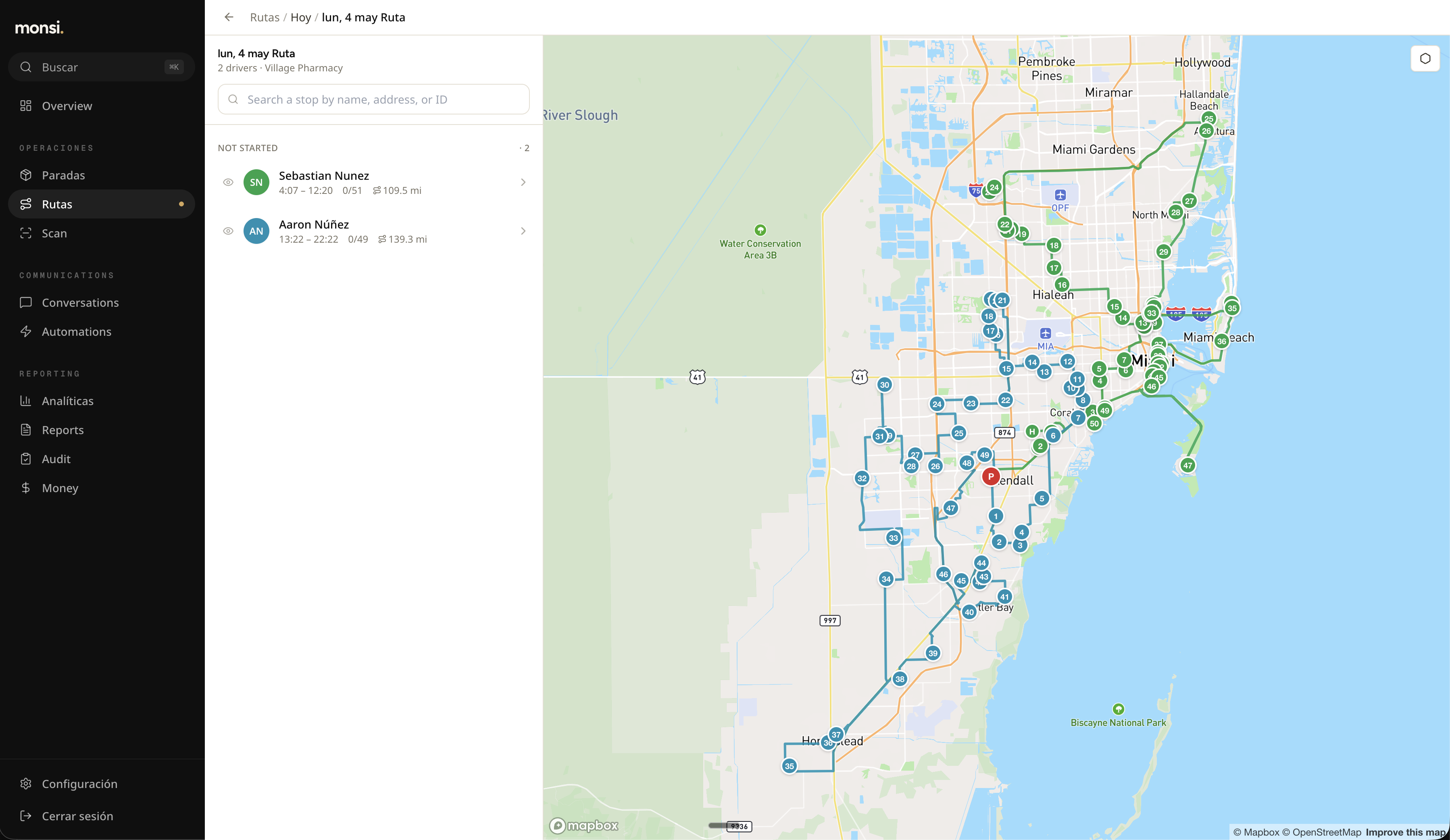 Monsi live driver map with real-time vehicle tracking
