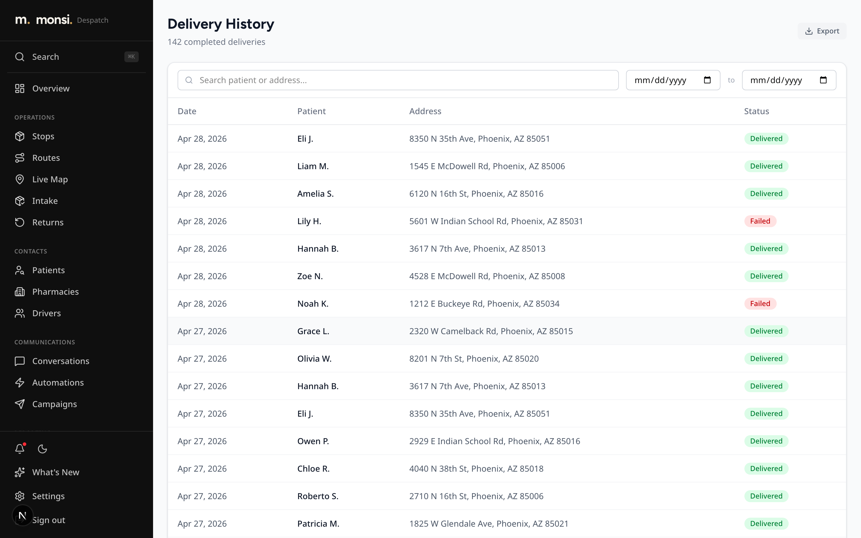 PMS event log inside the Monsi platform