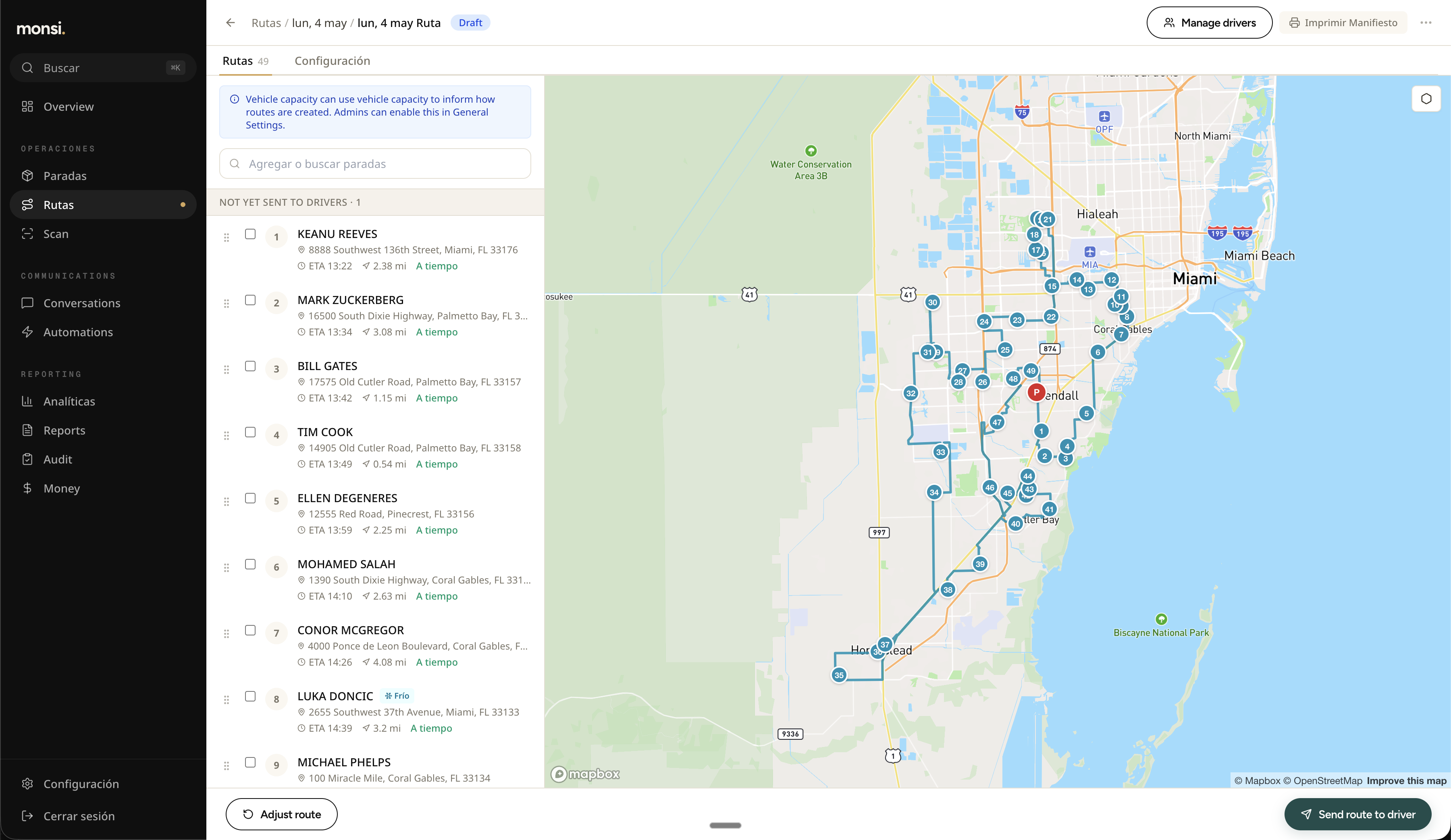 Monsi route planner with optimized multi-stop routing
