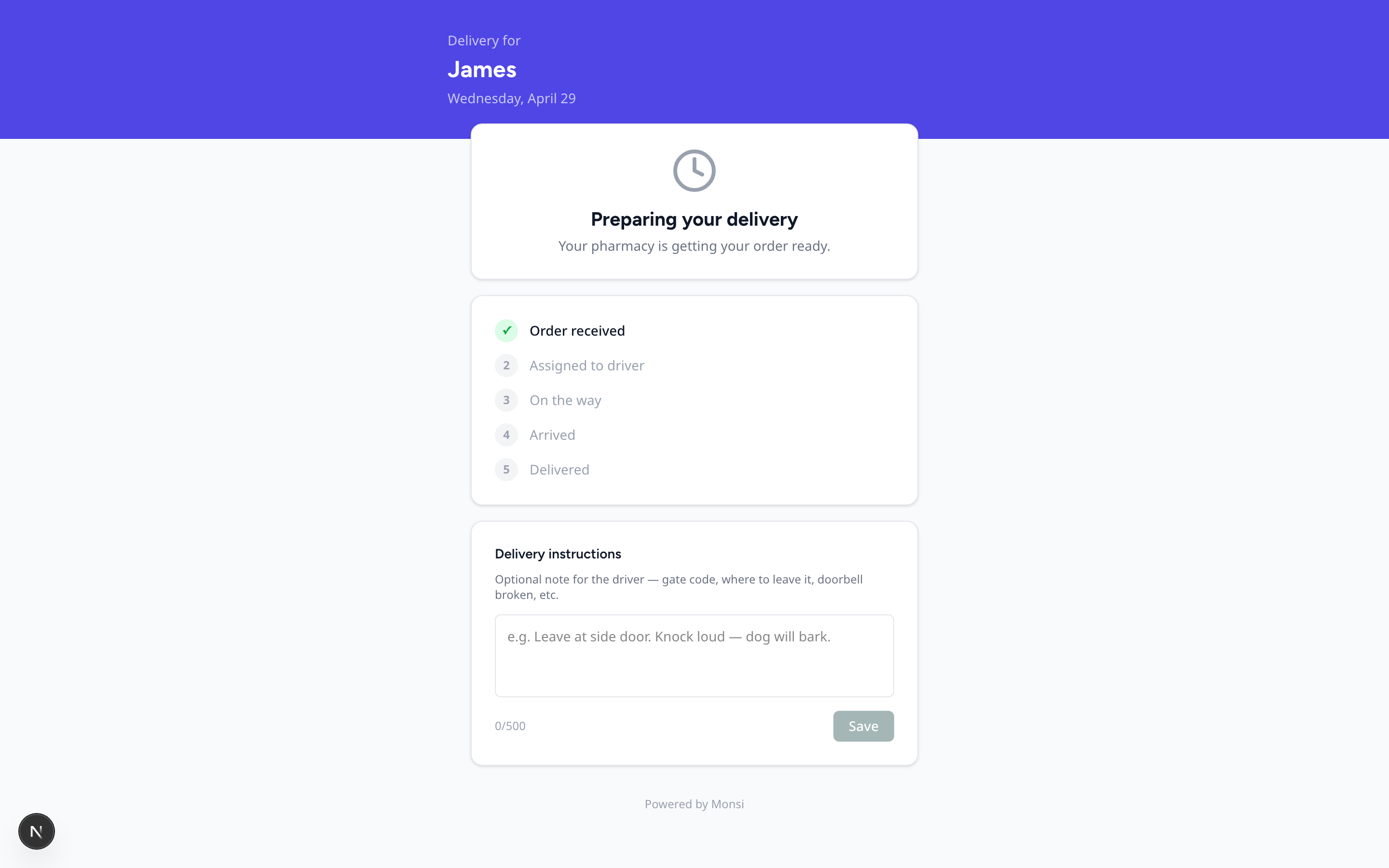 Patient-facing live tracking page with delivery ETA